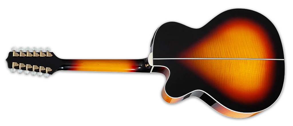 Guitarra 12-String Jumbo with cutaway, solid spruce top, flame maple back and sides, gold hardware, brown sunburst finish and TK-40D electronics