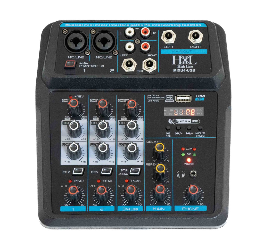 Mezcladora 4 Canales Bluetooth, PC, USB, Efectos
